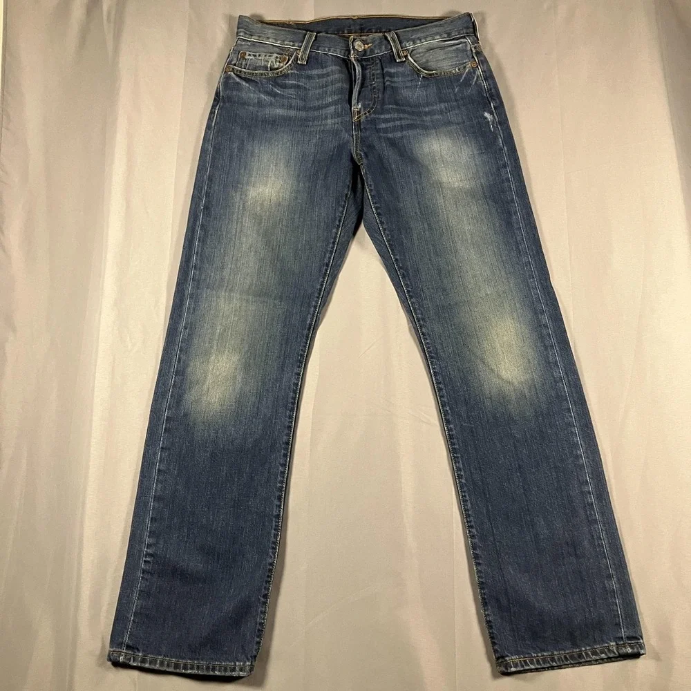 Levis 501 Jeans Mens 30x29 Blue Denim Button Fly Straight Leg Distressed Red Tab